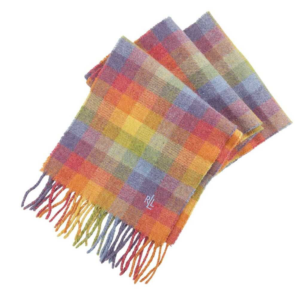 Lauren Ralph Lauren VTG Rainbow Plaid Lambswool Scarf Wool 64x9 Made in England